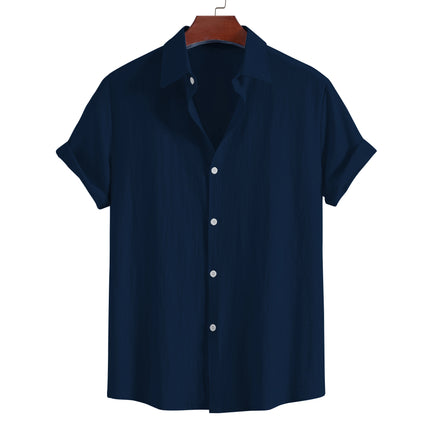 Men's Summer Lapel Short Sleeve Solid Color Button Cardigan, Fashionable Cotton Men's Shirt Tops