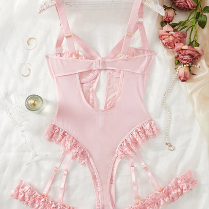 2pcs Red Floral Lace Garter Lingerie Set With Choker Women Intimates 2022 Underwire Bra And Thongs Ladies Underwear Set