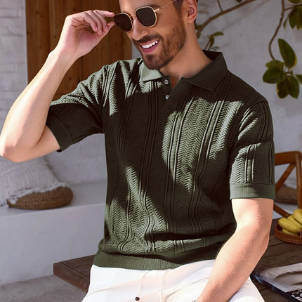 New 2026 Knitted Polo Shirt - Twisted Knit Texture Men's Summer Casual Collar Short Sleeve Buttoned Solid Color Hooded Knitted T