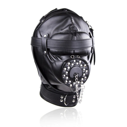 PU Leather Full Head Bondage Hood Mask Adjustable BDSM Headgear Blindfold with Chain Leash Role Play Costume Accessories
