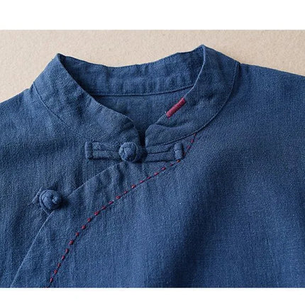 Retro Artistic Women's Long Sleeve Cotton Linen Loose Slim Fit Shirt Stand Collar Side Button Geometric Pattern Elegant Style