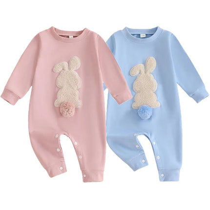 Spring Infant Rompers Girls Boys Plush Bunny Embroidery Long Sleeve Cotton Jumpsuits Clothes Easter Party Rabbits Baby Bodysuits