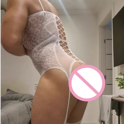 White Men's Bodystockings Husband Date Lingerie Men Fetish Club Wear Male Sexy Nightgown Fetish Open Crotch GentleMan Sleepwear