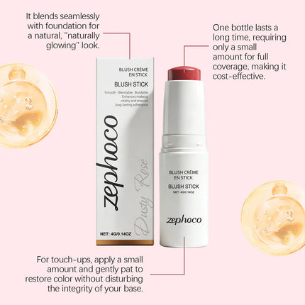 Portable Cream Blush Stick Soft Mist Finish Hydrating Long-Wear Blendable Smooth Lightweight On-the-Go Cheek Blush