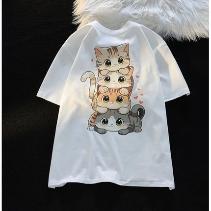 Cute Cartoon Cat Print Women's Round Neck Short-Sleeved T-Shirt Casual Loose Versatile Summer T-Shirt