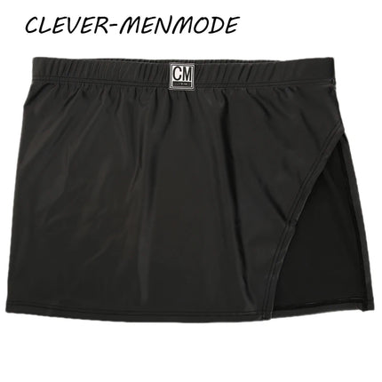 Sexy PU Side Opening Skirt Men's Faux Leather Boxer Shorts Elasticity Fashion Mini Slit Skirt Soft Leather Erotic Lingerie