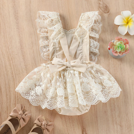 Baby Girls Summer Romper, Plain Floral Lace Embroidery Skirt Layered Adjustable Straps Bodysuits, Snap Triangle-Bottom Jumpsuit