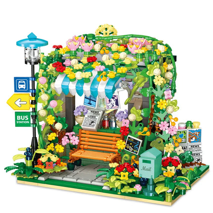 JJ9197 Street Scene Bus Stop Building Blocks DIY MOC Model Desktop Decor Adult Collectible Gift Birthday Holiday