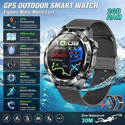 2026 Offline Map New Smart Watch 3ATM Waterproof GPS Navigation Compass Altimeter Flashlight Men 170+ Sports Bracelet Men Women