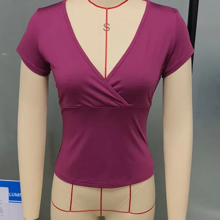 2025 Summer New Fashion Women's T-Shirt Solid-Color Slim-Fit V-Neck Short-Sleeve Top Y2k Clothing