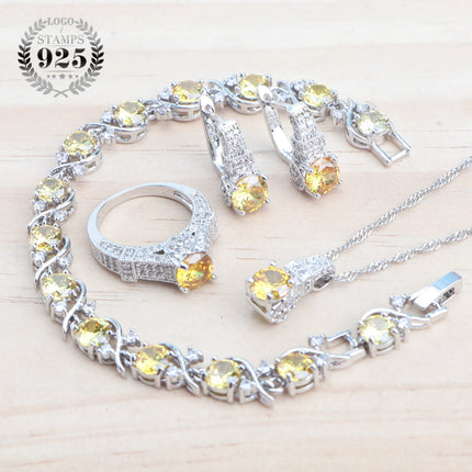 925 Sterling Silver Jewelry Sets For Women Wedding Jewelry Ladies Purple Zircon Earrings Bracelets Set Rings Pendant Necklace