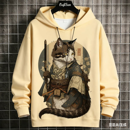 Japanese Samurai Cat Print Men's Hoodies Autumn and Winter Comfortable Loose Pullover Fashion Casual Sweatshirts Street Clothes