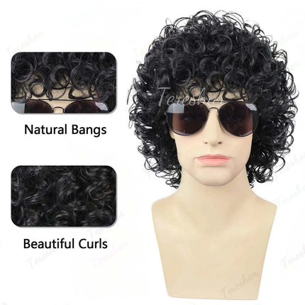 Synthetic Mens Black Short Curly Rocker Disco Wig with Glasses,Boys Wet Look Wig,70s Mullet Wig,Michael Jackson Role Play Wig