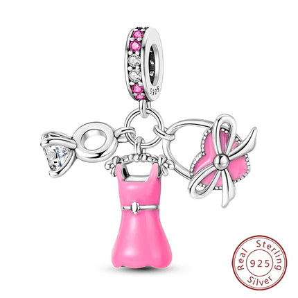 100% 925 Sterling Silver Fashion Pink Princess Skirt Bag Lipstick Charms Beads Fit Qikaola Original Bracelets DIY Jewelry Gifts