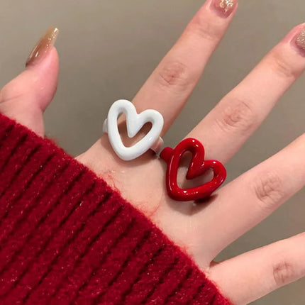 LATS White Red Enamel Heart Sweet Ring for Women Girls Trendy Geometric Dripping Oil Y2K Opening Rings Jewelry Gift Wholesale