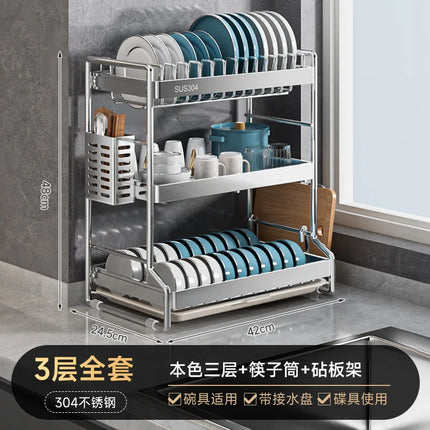 Bowl and dish storage rack, drain rack, 304 stainless steel kitchen storage rack