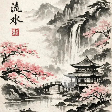 Japanese Ink Painting Landscape Spring Cherry Blossoms Canvas Print Asian Style Wall Art Poster for Living Room Home Decor Gift