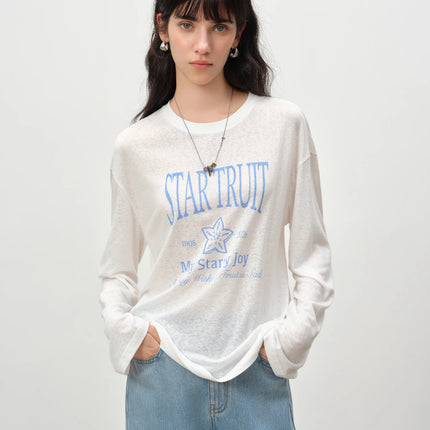 ZIQIAO Loose-fitting Linen Letter Printed T-shirt for Women Solid Long Sleeve Sheer Simple Trendy Casual Spring 2026 New Arrival