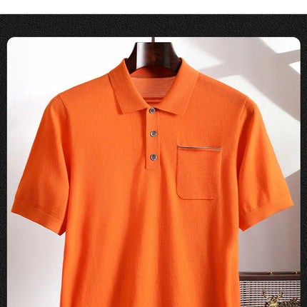 Spring and Summer New Polo Collar 100% Fine Wool Short Sleeve Men's Business Casual T-Shirt with Turn-down Collar and Pocket