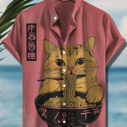 Men's Edo Cat Samurai Warrior Japanese Art Anime Shirts 3D Print Casual Hawaiian Shirts Summer Men Women Short Sleeve Blouse Top