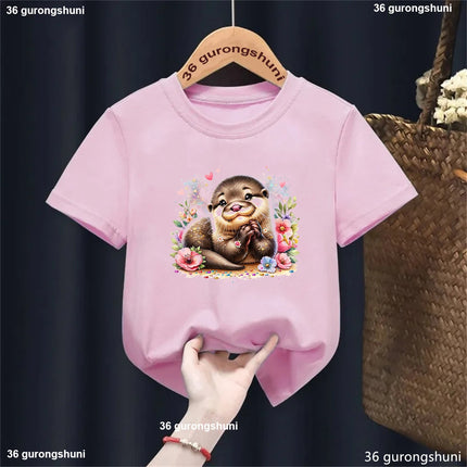 Harajuku Kawaii Kids Clothes Funny Otter Love Flowers Animal Printed T-shirt Girls/Boys Summer Fashion T-shirt Tops
