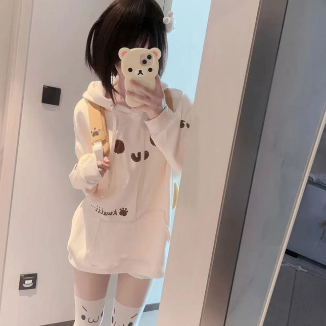 Japanese Y2k Aesthetic Cat Print Hoodies Harajuku Drawstring Sweatshirts Grunge Kawaii Pockets Women's Oversized Top 2026 New