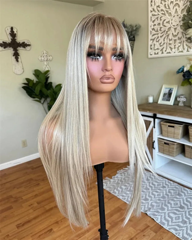 Ombre Platinum Blonde Wig Straight Lace Front Wig With Bangs 13x4 HD High Quality Synthetic And Blend Lace Pre Plucked Cosplay