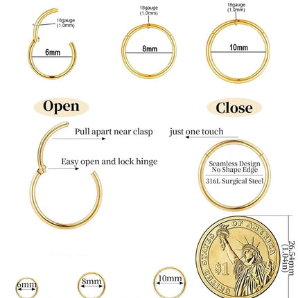Men Women 316L Surgical Steel Hinged Nose Rings Hoop for Nostril Septum Cartilage Helix Daith Tragus Rook Conch Lip Ear Lobe