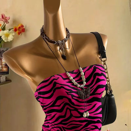 Cropped top - Women's summer vacation pleated lace-up leopard print vest, sleeveless zebra print top, pink zebra print top,