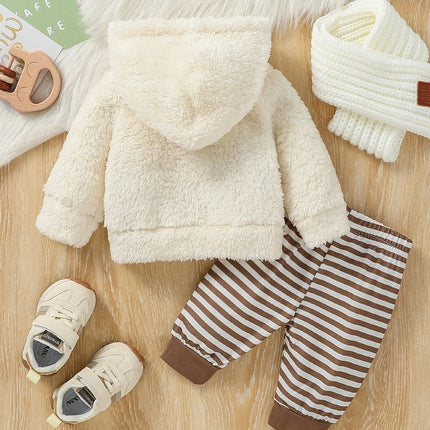Baby Boys 2Pcs Newborn-6M Winter Long Sleeve Cartoon Bear  Hooded Coat & Striped Trousers Pantsuit Daily Clothing