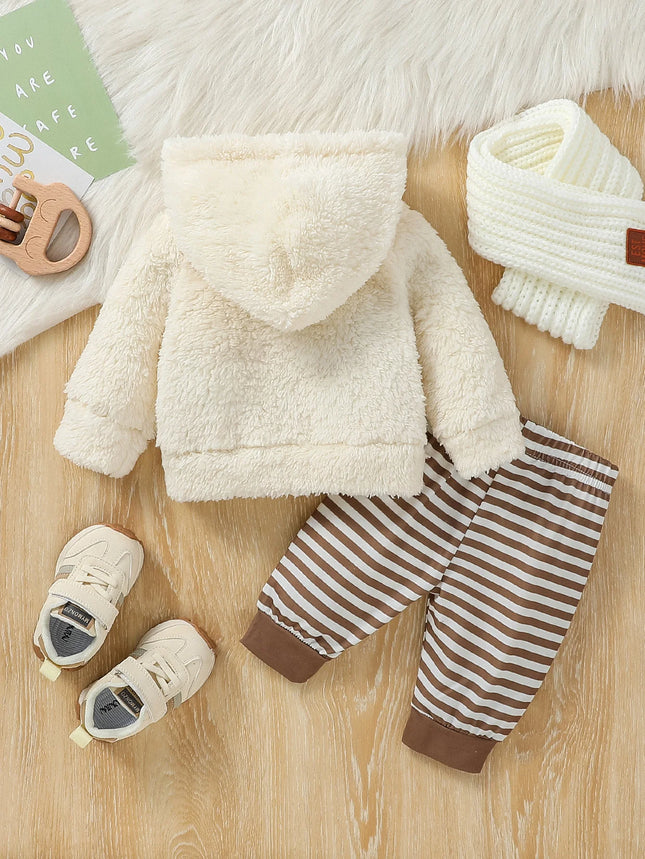Baby Boys 2Pcs Newborn-6M Winter Long Sleeve Cartoon Bear  Hooded Coat & Striped Trousers Pantsuit Daily Clothing