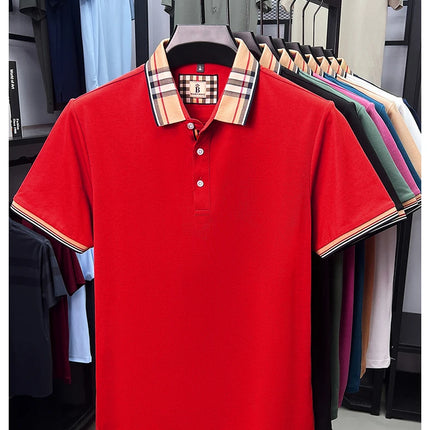 Men's high-end silky cotton breathable short-sleeved polo shirt, new summer trend, plaid lapel, designer brand, casual golf T-shirt