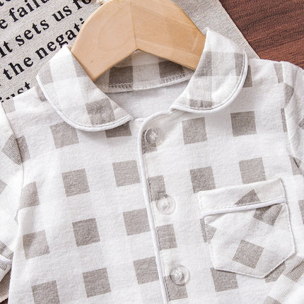 Baby Summer Pajamas Set, Simple Gray Plaid Lapel, Button-Down Short-Sleeved Long Pants, Kidsren's Breathable Cotton Refreshing Home Clothes Two-Piece Set