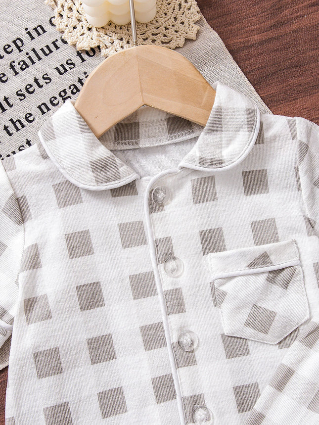 Baby Summer Pajamas Set, Simple Gray Plaid Lapel, Button-Down Short-Sleeved Long Pants, Children's Breathable Cotton Refreshing Home Clothes Two-Piece Set