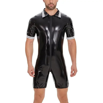 Men Zipper Open Crotch Erotica Jumpsuit Shorts Summer Short Sleeve Lapel Tight Stretch Rompers Male Glossy Patent Leather Wear