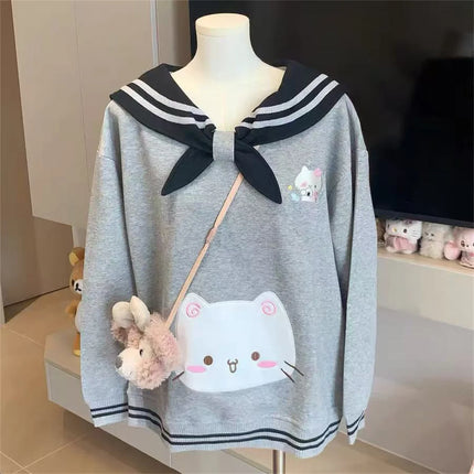 Japanese Cartoon Embroidery Women Hoddies Preppy Style Sailor Collar Autumn Hoody Jacket Y2k Aesthetic Grunge Pocket Sweatshirt
