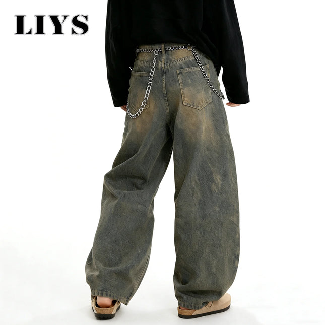 LIYS American Retro Baggy Wide Leg Jeans Men's Streetwear Distressed Y2K Clothing Casual Daily Four Seasons Denim Pants Unisex