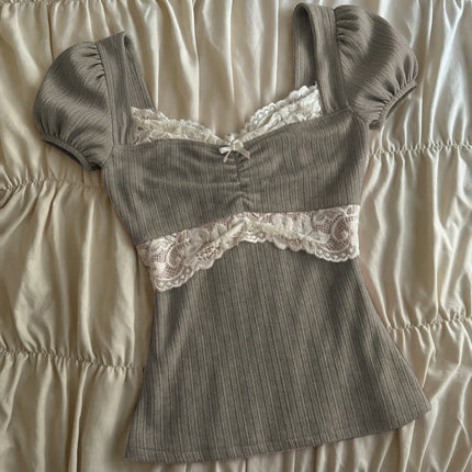 Summer Lace Patchwork Coquette T-shirt Ribbed Knit Slim Fit Milkmaid Tees Women Short Sleeve Y2k Grunge Crop Tops Aesthetic