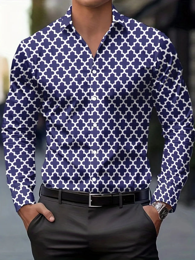 New European and American Style Men's Trend Long-Sleeve Shirts Allover Pattern Print Comfortable Casual Business Male Clothes