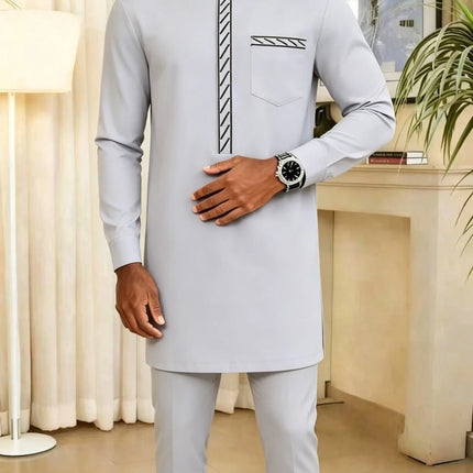 New Dashiki Men's Set Grey Round Neck Long Sleeve Luxury Brand Men's Suit Casual Slim Fit Men's Set Wedding Evening Suit