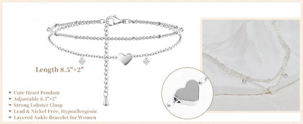 Dainty Layered Silver Anklet with Heart Charm - Elegant CZ Bracelet for Women, Waterproof & Trendy Gift