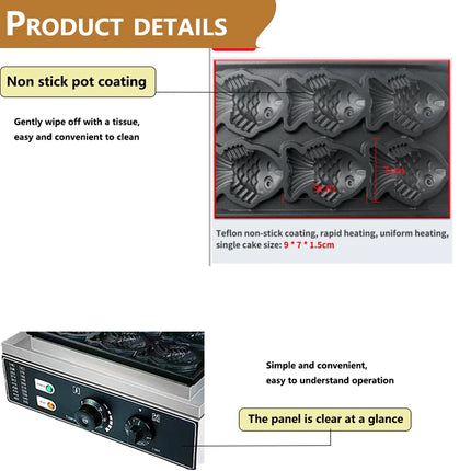 HPH2O Commercial Electric Waffle Maker 6pcs Taiyaki Fish Waffle Maker 1600W Non-stick Coating Snack fish waffle Machine