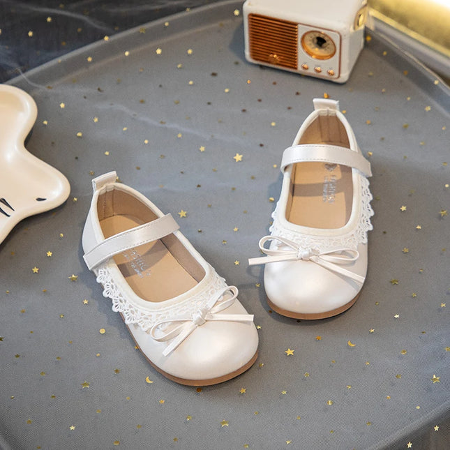 Girls Walking Shoes Sweet Lace Simple Bows 2025 New Kids Princess Shoes Round Toes Kids Leather Shoes Non-slip Soft Sole Flats