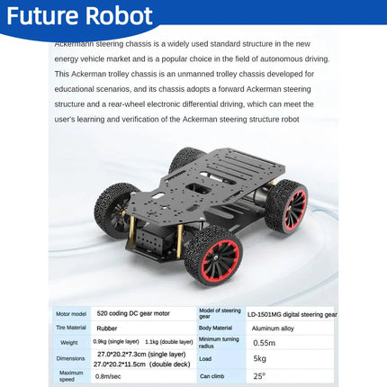 5KG Load Assembled Metal Ackerman Robot Car Chassis with Dual Encoder Motor Front Wheel Servo Steering ROS Programmable Robot