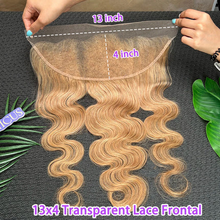Body Wave #27 Colored 13x4 Transparent Lace Frontal Human Hair Bleached Knots Prepluck 100% Raw Virgin Human Hair Closure Only