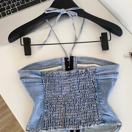 SINGREINY Beach Denim Tank Top 2026 Halter Ruched Slim Solid Camisole Streetwear Hot Girl Basics Y2K Backless Sexy Crop Top