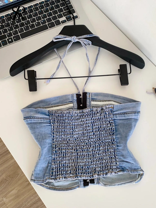 SINGREINY Beach Denim Tank Top 2026 Halter Ruched Slim Solid Camisole Streetwear Hot Girl Basics Y2K Backless Sexy Crop Top