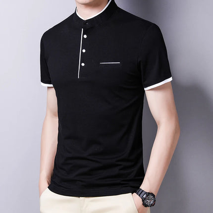 2025 New Men's Casual and Fashionable Solid Color Short-Sleeved Stand-Up Collar T-shirt Summer Versatile and Comfortable Top