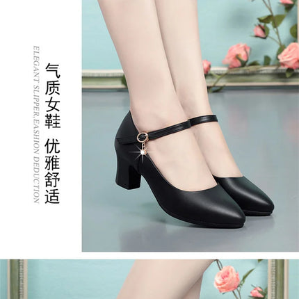 Women Fashion Sweet Red Comfort Buckle Strap Square Heel Pumps Lady Casual Black Pu Leather Office High Heel Shoes Spring Autumn