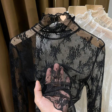 Sexy Black Hollow Out Mesh T-Shirt Transparent Mesh Female Tops Long Sleeve Basic Shirts SeeThrough Turtleneck Women Tshirts